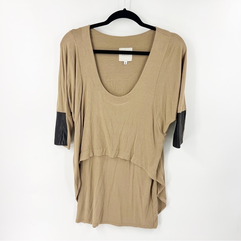 ✅ MICHELLE MASON Tan Lamb Leather Detail 3/4 Sleeve‎ Top SIZE SMALL SCOOP NECK